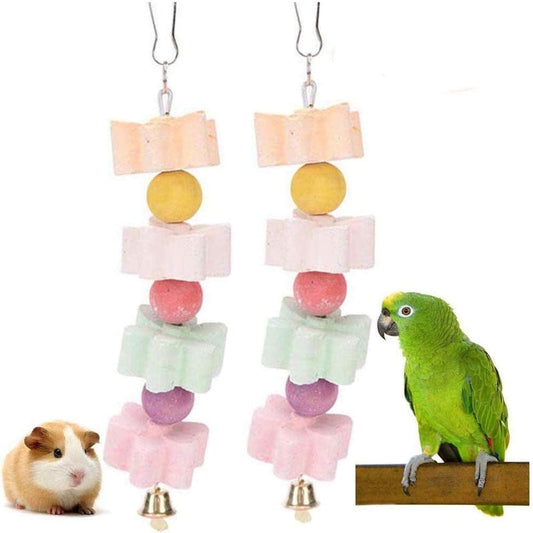 Hamiledyi 2Pieces Parrot Beak Trimmer Calcium Stone Chinchilla Grinding Teeth Lava Block Bird Beak Trim Pumice Toy Mineral Rock Chewing Toys with Bell for Conure Budgies Parakeet Hamster Rabbit
