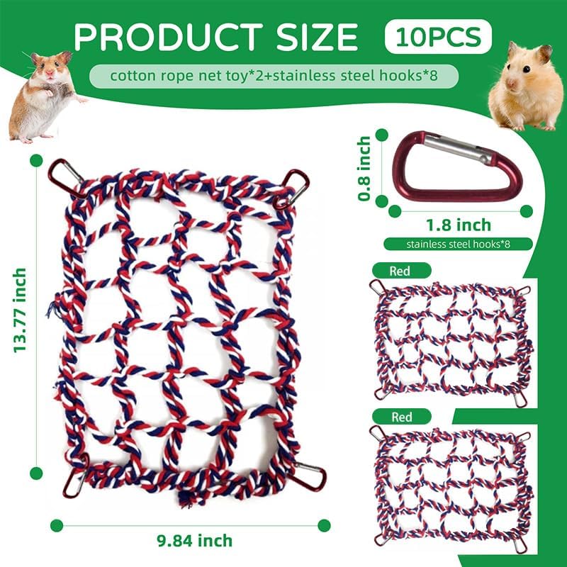 2 Pcs Cotton Rope Hammock & Bridge with 4 Hooks for Cage Accessories - Rat, Bird & Hamster (12.6 x 9.84 inch, Red)