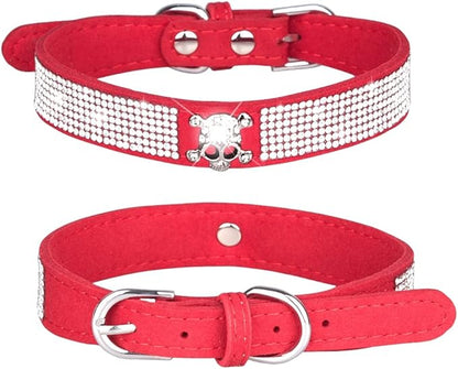 Rhinestone Dog Collar, Cute Dazzling Sparkling Soft Suede Leather Adjustable Pet Dog Cat Collar Crystal Diamond for Puppy Small Medium Large Dogs (XS:21-26cm, Red-5)
