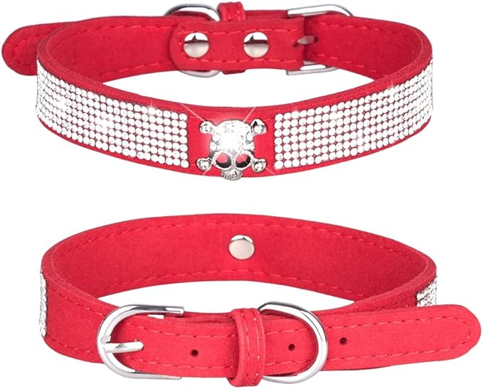 Rhinestone Dog Collar, Cute Dazzling Sparkling Soft Suede Leather Adjustable Pet Dog Cat Collar Crystal Diamond for Puppy Small Medium Large Dogs (L:38-46cm, Red-5)