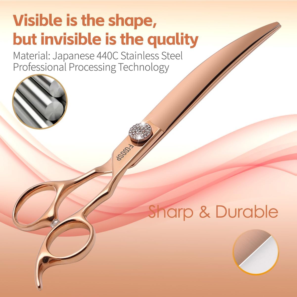 Rose Gold Titanium Curved Dog Grooming Scissors 8'' Downward 30° with Jewelled Screw Japan 440C Professional Pet Grooming Trimming Shears for Large Dogs Poodle(8,Curved)