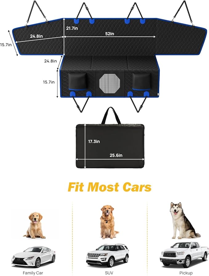 JOYTUTUS Dog Car Seat Cover for Back Seat with Hard Bottom, Back Seat Extender for Dogs Supports 400lb, Pet Cover with Mesh Window, Travel Bed Waterproof Dog Hammock for Car Truck SUV