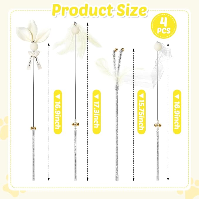 Interactive Cat Toys - 4-in-1 Cat Teaser Wand Toy and Feather Toys Refills for Indoor Cats to Chase and Exercise Design for Large and Small Cats