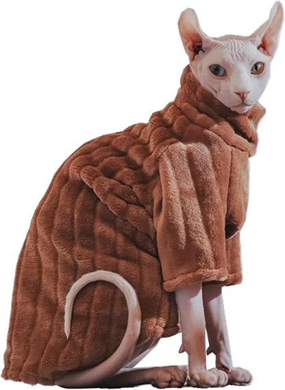 Turtleneck Sweater for Sphynx Cat Soft Coral Fleece Cat Clothes Thick Winter Warm Outfit Coat for Hairless Cats and Small Dogs Apparel with Sleeves (Brown, S (3-5 lbs))