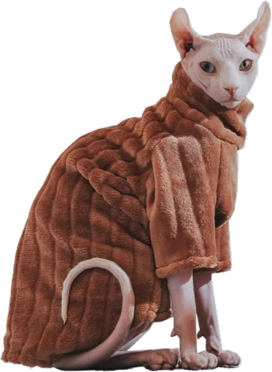 Turtleneck Sweater for Sphynx Cat Soft Coral Fleece Cat Clothes Thick Winter Warm Outfit Coat for Hairless Cats and Small Dogs Apparel with Sleeves (Brown, S (3-5 lbs))