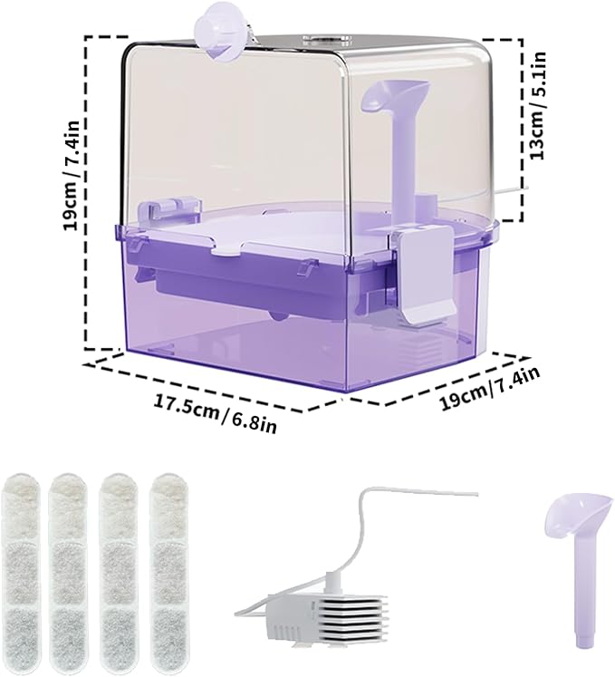 Automatic Bird Baths for Cage – Indoor Parakeet Bath with Pump, Bird Shower with 2 Modes Running Water, Bird Cage Accessory for Pet Birds Conure Budgies Cockatiels Lovebird (Purple)