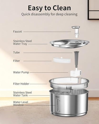 NPET Stainless Steel Cat Water Fountain, 1Gallon/135oz Automatic Pet Drinking Fountain Dog Water Dispenser Bowl with Water Level Window for Cats Indoor - WF210Plus