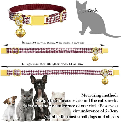 Personalized Breakaway Cat Collars - Magnetic Buckle, Bell - Safety Quick Release, Customized for Girls & Boys Cats- (Houndstooth-Burgundy)