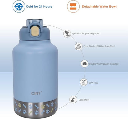 GiNT 37oz Insulated Stainless Steel Dog & Human Water Bottle, All-in-1 Travel Dispenser with Detachable Bowls & Carrying Case, Leak-Proof Pet Canteen for Walking, Hiking, Camping, Car (Blue)