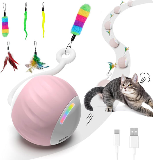 Cat Toys Interactive for Indoor Cats, Touch & Sound Smart Control - Fast Slow 2 Speed Motion Activated Cat Ball Toy for Bored Cats with LED Lights, Feathers Tail, USB Charging Cable, 6in1