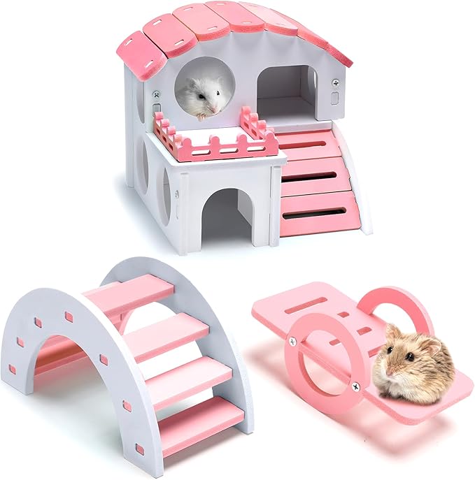 3 Pieces Fun Hamster Toys Guinea Pig Hideout Include PVC Hamster House, Rainbow Bridge, Seesaw Toy DIY Exercise Play Toys for Rats Mouse Small Animals(Small,Pink)
