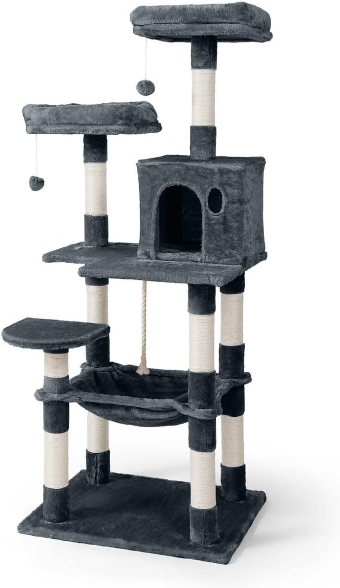 CAPHAUS Extra Wide, Tall Cat Activity Tree w/Two Top Perch, Scratching Posts, Multi-Level Play Tower for Cute Indoor Cats, 58-Inch Modern Cat Tree w/Cat Cave Condo, for Large Cats Kittens