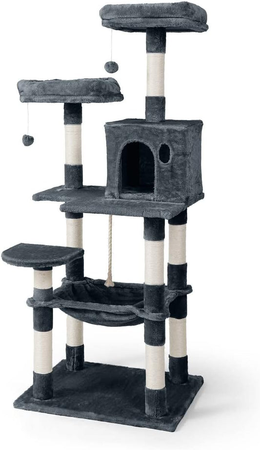 CAPHAUS Extra Wide, Tall Cat Activity Tree w/Two Top Perch, Scratching Posts, Multi-Level Play Tower for Cute Indoor Cats, 58-Inch Modern Cat Tree w/Cat Cave Condo, for Large Cats Kittens