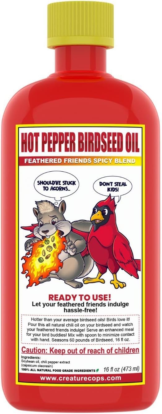 CreatureCops™ Spicy Squirrel Seed Sauce | All-Natural & Squirrel-Resistant Hot Pepper Bird Seed Oil | Flaming Hot Sauce - Seasons >60lb per 16oz Bottle