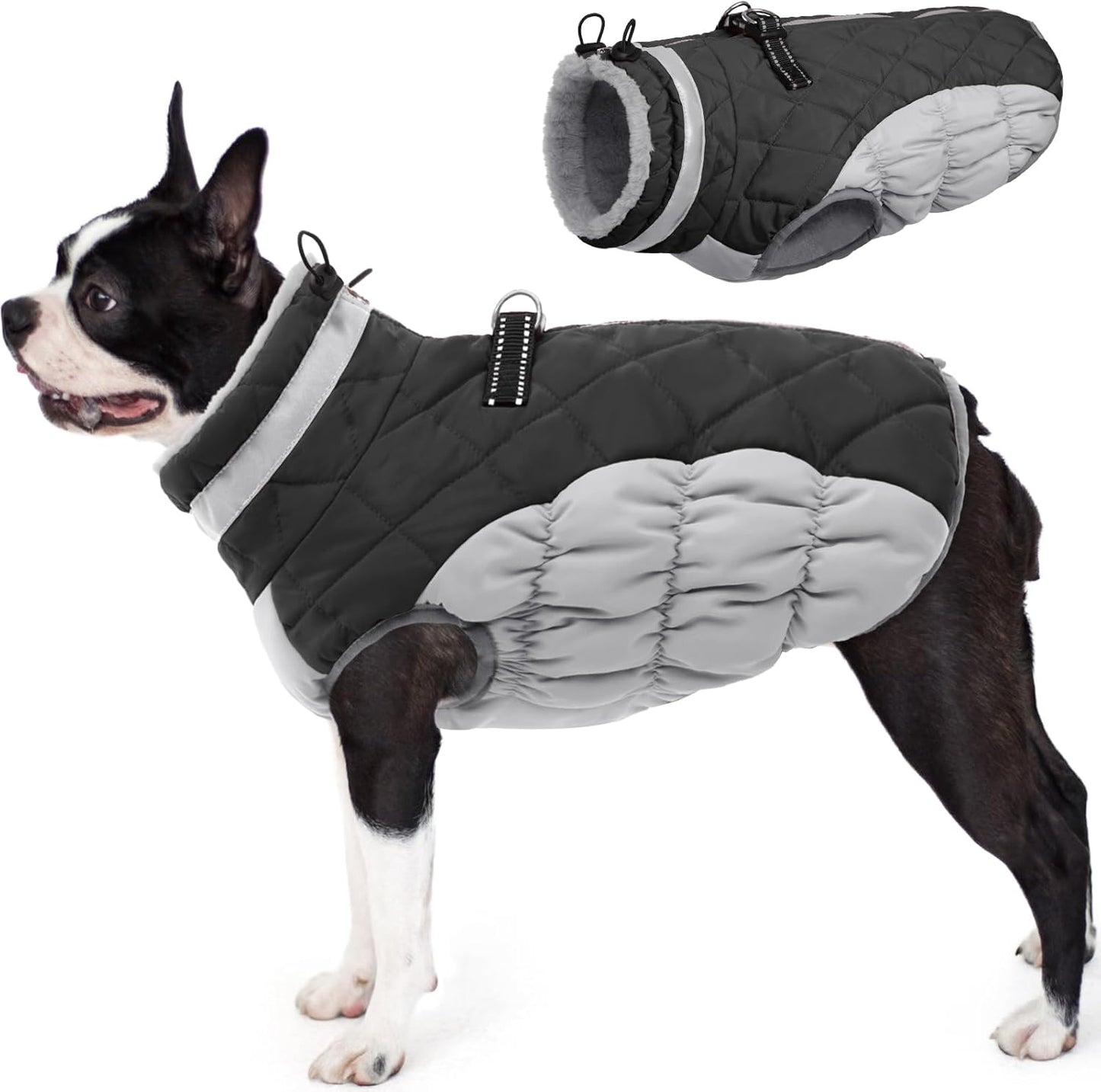 AOFITEE Dog Coat, Warm Dog Winter Coat for Small Dogs, Reflective Turtleneck Dogs Jacket with Harness Built in, Waterproof Windproof Pet Fleece Vest Snow Jacket for Cold Weather, Grey S