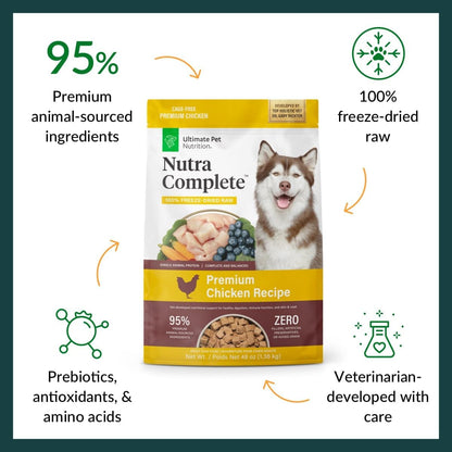 ULTIMATE PET NUTRITION Nutra Complete Freeze Dried Raw Dog Food, Veterinarian Formulated with Antioxidants, Prebiotics & Amino Acids (3 Pound, Chicken)