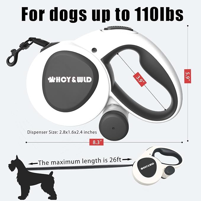 HCY&WLD Upgrade 3-in-1 Retractable Dog Leash with Integrated Dispenser & Poop Bags, 26 ft Heavy Duty Dog Leash with Anti-Slip Handle for Dogs up to 110 lbs, 360° Tangle-Free, One Button Brake & Lock
