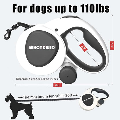 HCY&WLD Upgrade 3-in-1 Retractable Dog Leash with Integrated Dispenser & Poop Bags, 26 ft Heavy Duty Dog Leash with Anti-Slip Handle for Dogs up to 110 lbs, 360° Tangle-Free, One Button Brake & Lock