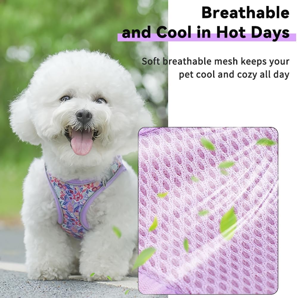 Step in Dog Harness and Leash Set, Flower Adjustable Easy Walk Puppy Harnesses, Soft Mesh Pet Vest Harness Small Size Dog Adjustable No Pull Dog Harness for Small Medium Dogs(Light Purple, S)