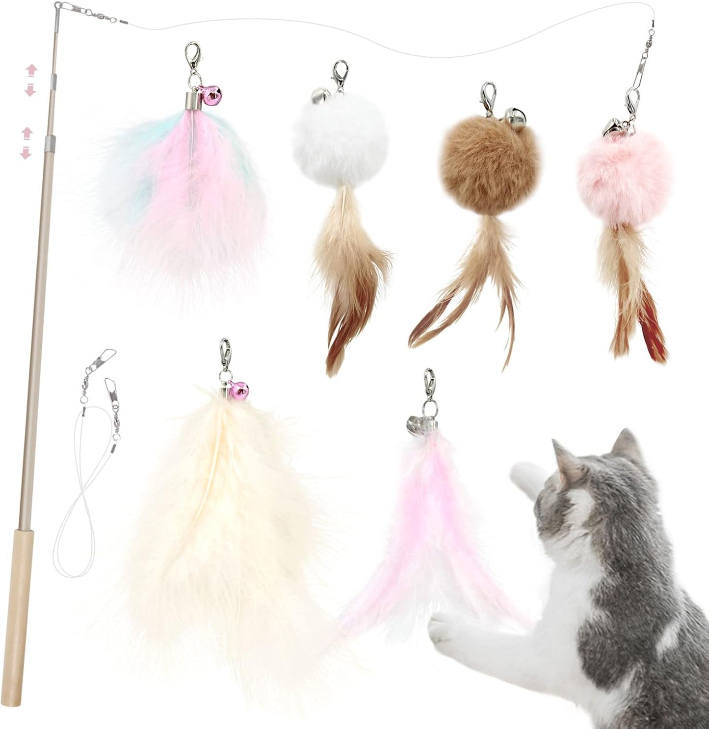 SONGWAY Interactive Cat Feather Toys - 7 PCS Cat Toys Set for Indoor Cats, Retractable Wand with Feather Tail Toy Refills, Kitten Toys Gift, Pink