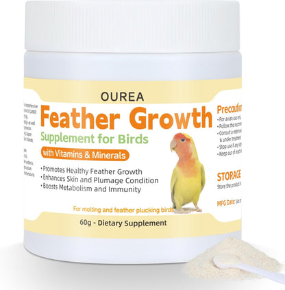 Feather Growth Supplement for Birds Parrots, Multi-Vitamins & Minerals Powder with Biotin Amino Acid for Molting Plucking, Support Healthy Feather Regrowth Plumage Shine Immunity for All-Natural Bird