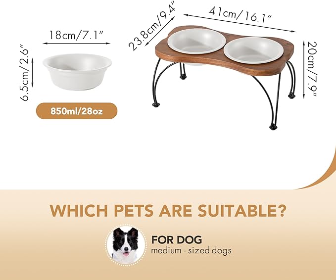 Ceramic 7.1-inch Raised Double-Bowl Set with Non-Slip Stand, Food & Water Dishes for Medium and Large Dogs, Wide Opening with Rounded Edges(Matt White)