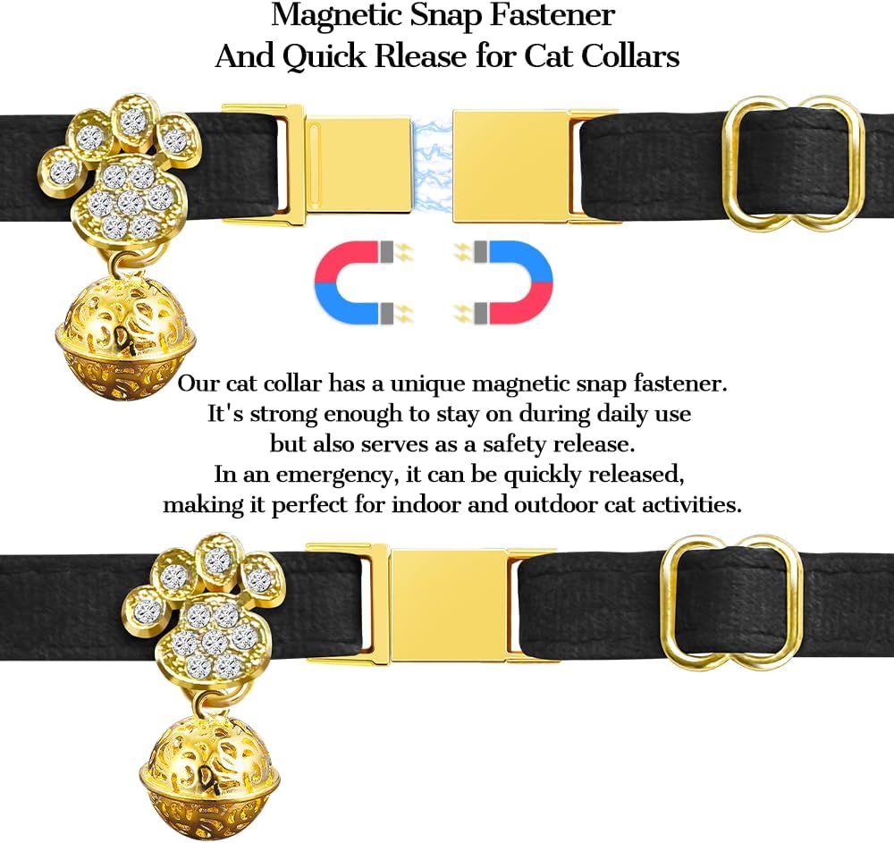 Personalized Breakaway Cat Collars - Magnetic Buckle, Bell - Safety Quick Release, Customized for Girls & Boys Cats- (Velvet-Black)