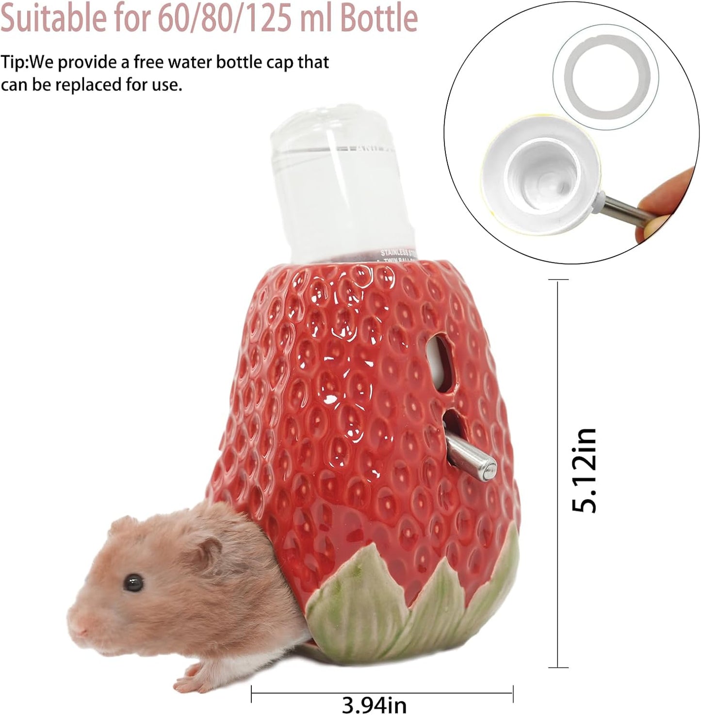 Hamster Water Bottle, Strawberry Ceramic Hamster Gerbil Water Bottle for Glass Tank, Dispenser, 80ML Bottle for Water Holder Stand with 2 No Drip Caps for Syrian Mice, Gerbil