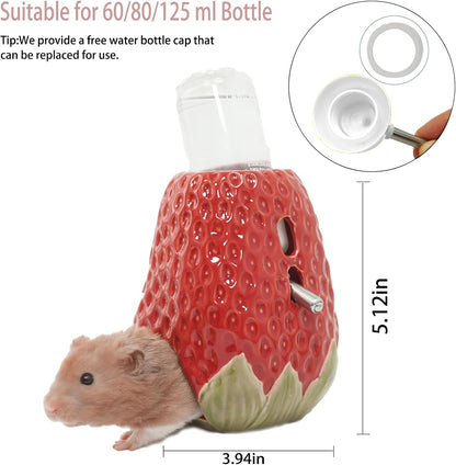 Hamster Water Bottle, Strawberry Ceramic Hamster Gerbil Water Bottle for Glass Tank, Dispenser, 80ML Bottle for Water Holder Stand with 2 No Drip Caps for Syrian Mice, Gerbil