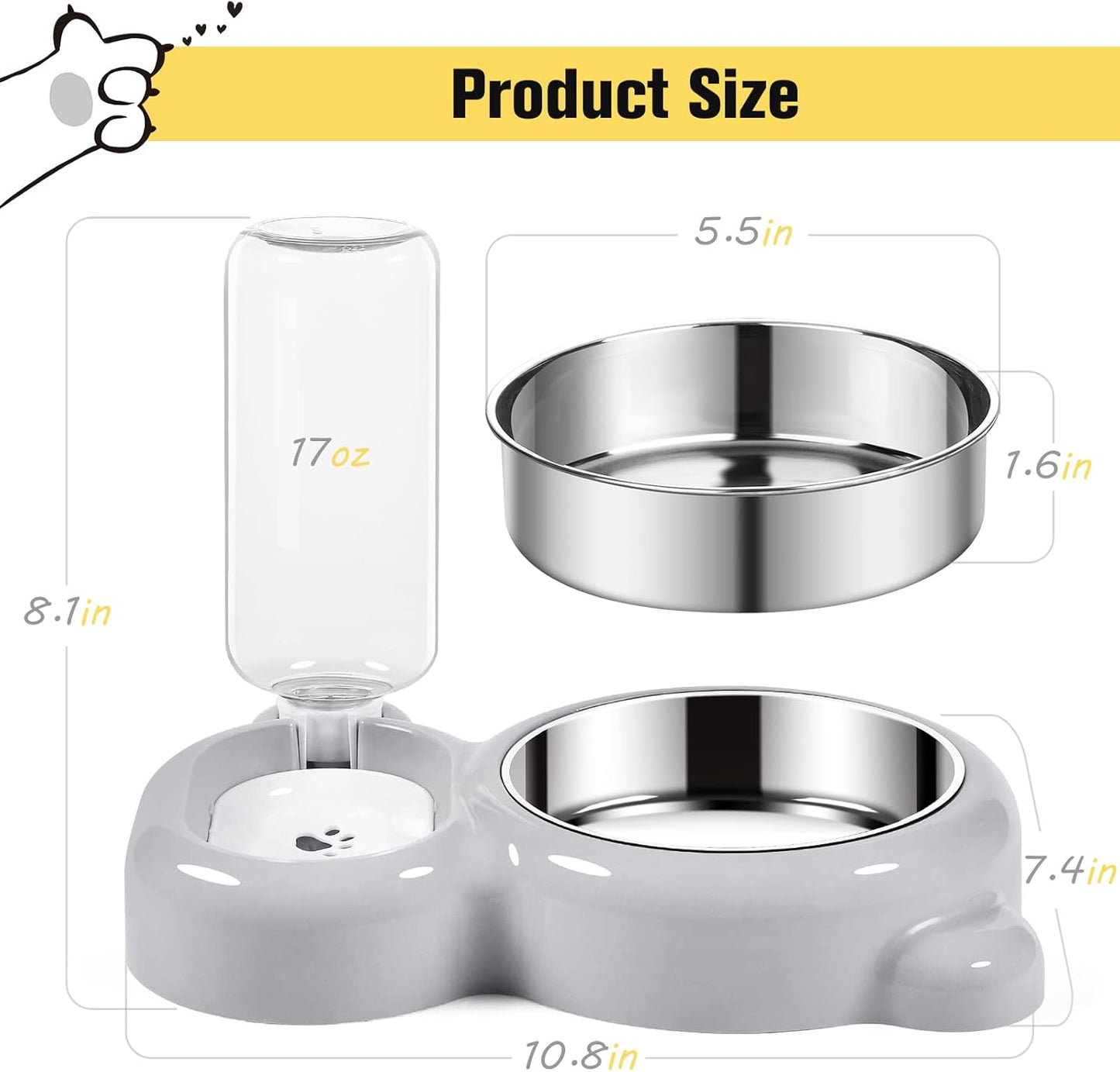 Dog Bowls, Cat Food and Water Bowl Set with Water Dispenser and Stainless Steel Bowl for Cats and Small Dogs - Grey