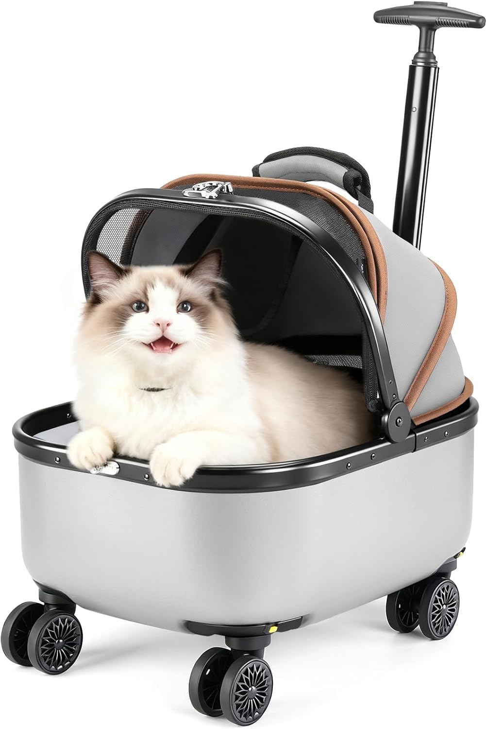 Lekereise Cat Carrier with Wheels (Gray), 180° Wide Open Rolling Cat Carrier for Road Trips, Car Trunk-Fit & Stable Base for Long-Distance Travel, Portable Pet Carrier for Cats Up to 15 lbs