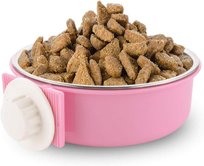 Crate Dog Bowl Removable Stainless Steel Water Food Feeder Bowls Cage Coop Cup for Cat Puppy Bird Pets (Large, Pink)