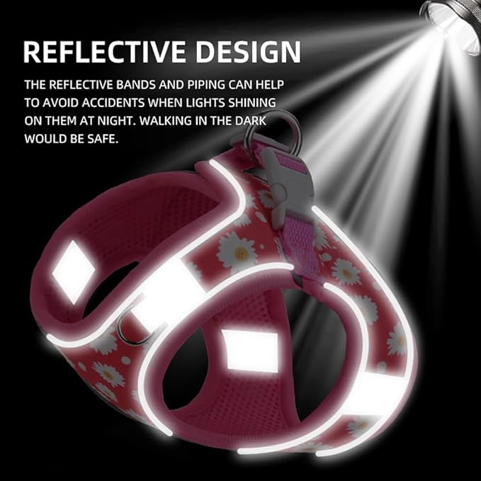 Step in Dog Harness and Leash Set, Flower Adjustable Easy Walk Puppy Harnesses, Soft Mesh Pet Vest Harness Small Size Dog Adjustable No Pull Dog Harness for Small Medium Dogs(Rose red, S)