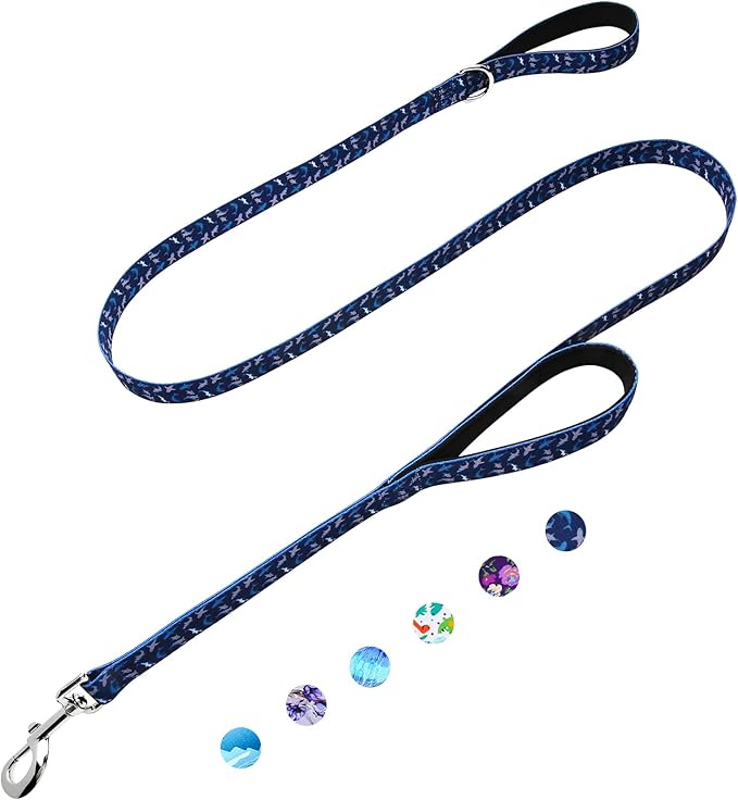 Double Handle Dog Leash 4 Foot with 2 Padded Handles, Heavy Duty Nylon Dog Leash with Traffic Control Handles,Walking Training Lead, Deep Blue Shark