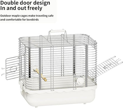 Bird Carrier Travel Cage, Durable Portable Stainless Steel Birdcage with Bird Perch & Feeding Bowl for Parrots Canaries Budgies Lovebirds Conures Cockatiels (Large White)