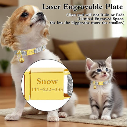 Personalized Breakaway Cat Collars - Magnetic Buckle, Bell - Safety Quick Release, Customized for Girls & Boys Cats- (Houndstooth-Grey)