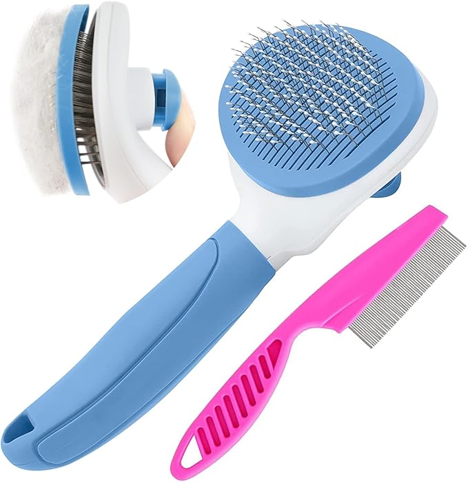 Self Cleaning Slicker Brush, Cat Brushes for Indoor Cats with Metal Comb, Dogs Cats Hair Brushes for Shedding, Pet Kitten Grooming Tool with Release Button for Long or Short Hair by KALAMANDA(Blue)