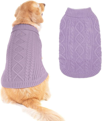 BINGPET Thermal Knitted Dog Sweater, Winter Dog Cat Coat, Warm Sweater for Small Medium Large Dogs, Classic Cable Knit Turtleneck Pullover, Purple, Medium/Large