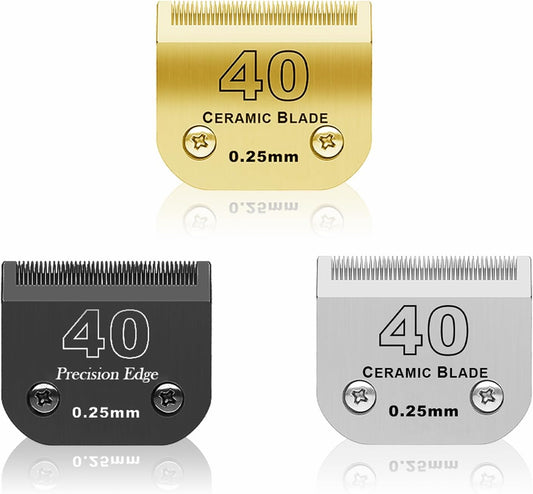 3 Color 40# Detachable Pet Dog Grooming Ceramic Blades,Compatible with Andis,Oster A5,Wahl KM-10 Series,Size #40 Blade 1/100-Inch 0.25MM Cut Length（Silver+Black+Golden）