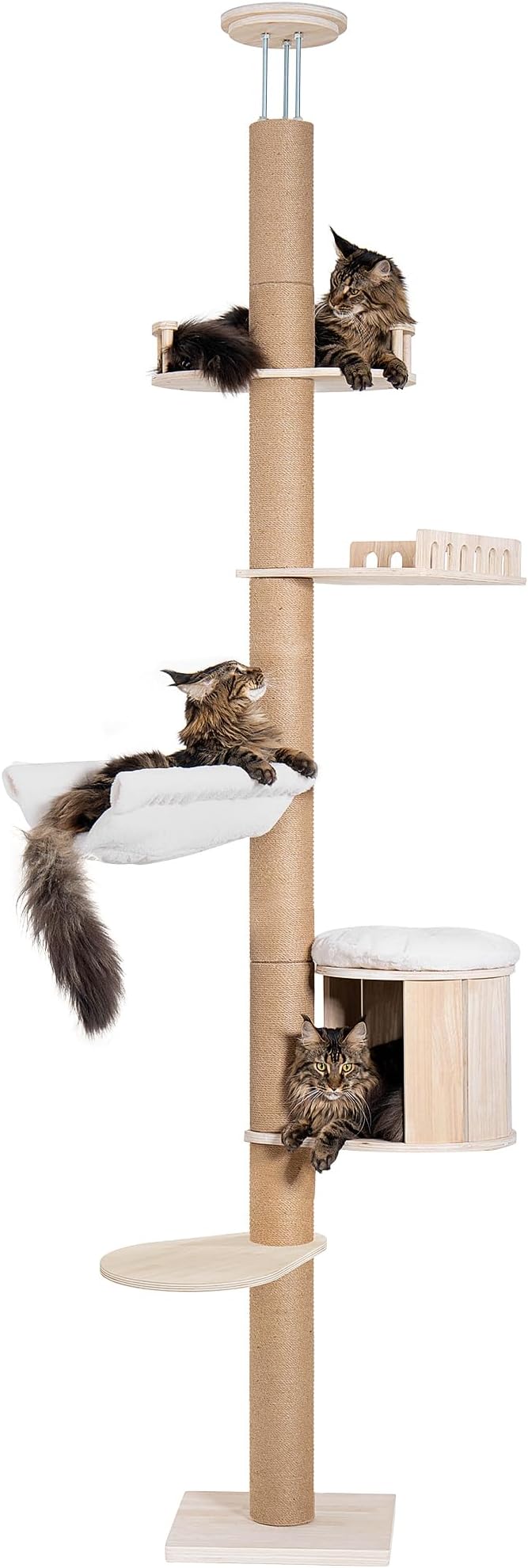 Tall Floor to Ceiling Cat Tree for Large Cats, Cat Tower with Scratching Post, Adjustable Height(82-122 in), Large Condo Cave Bed and Hammock for Indoor Cats, Cat Climbing Pole, Wood