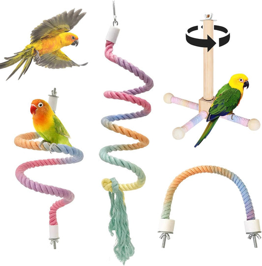 4-Piece Bird Toys for Parrots - 360° Rotating Wooden Perches for Cages, Interactive Bird Cage Accessories with Swing & Ladder, Suitable for Small-Medium Parrots, Parakeets, Cockatiels