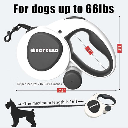 HCY&WLD Upgrade 3-in-1 Retractable Dog Leash with Integrated Dispenser & Poop Bags, 16 ft Heavy Duty Dog Leash with Anti-Slip Handle for Dogs up to 66 lbs, 360° Tangle-Free, One Button Brake & Lock
