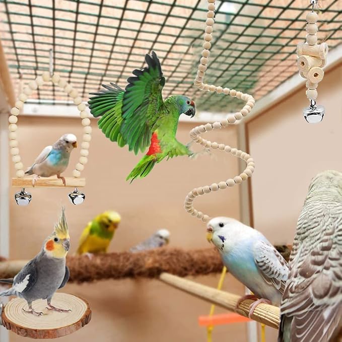 9-Piece Parrots Chewing Toy Set - Natural Wood & Rope Bungee Toys for Anchovies, Coconut Hideaway with Ladder, Bird Perch Stand, Cage Accessories for Parakeets, Cockatiel, Conure, Mynah, Macaw