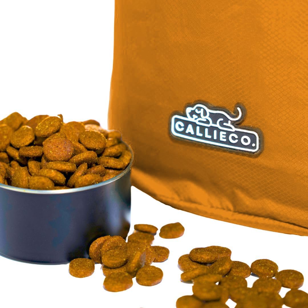 Callieco Dog Food Travel Bag w/ 1 Cup Scoop and Zipper Side Pocket | Waterproof Kibble Storage Container for Home, Road Trips, Camping, Boarding and More (Orange, 64 Cups)