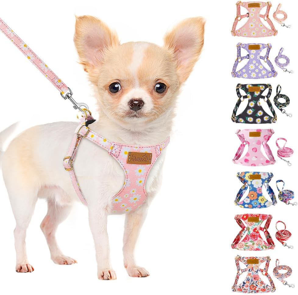 SlowTon No Pull Dog Harness with Leash - Soft Lightweight Floral Pattern Puppy Harness, Adjustable Pet Harness for Small Medium Dogs (Pink Daisy M)
