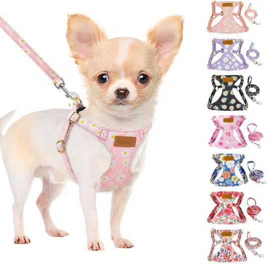 SlowTon No Pull Dog Harness with Leash - Soft Lightweight Floral Pattern Puppy Harness, Adjustable Pet Harness for Small Medium Dogs (Pink Daisy M)