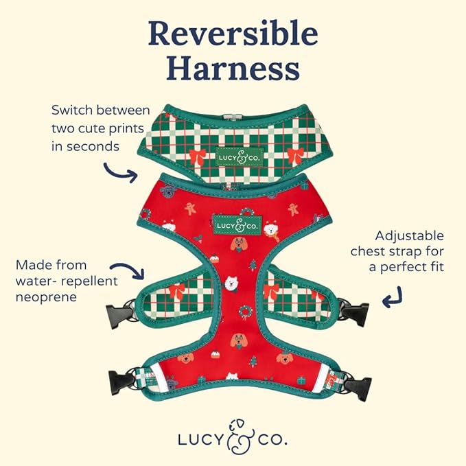 Lucy & Co. Cute Reversible Dog Harness Walking Halter - Best Designer Pet Harnesses for XS - XL Dogs - Padded Adjustable Vest for Easy Walking- Happy Howlidays - Seasonal - XLarge