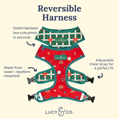 Lucy & Co. Cute Reversible Dog Harness Walking Halter - Best Designer Pet Harnesses for XS - XL Dogs - Padded Adjustable Vest for Easy Walking- Happy Howlidays - Seasonal - Large