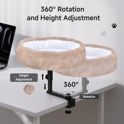 Cat Desk Bed - 360° Rotating & Adjustable, Supports 44 lbs, Soft Faux Fur with Dual-Sided Reversible Mat, Modern Indoor Cat Nest Furniture for Office Desks and Game Tables, Island Table