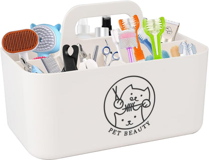 Minimalist White Dog Cat Grooming Supplies Organizer, Portable Caddy with 5 Compartments